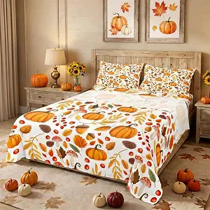 Erosebridal Fall Decor Bed Sheets Twin Size, Pumpkin Autumn Leaf Bedding Set, Farmhouse Harvest Mushroom Fitted Sheet Set, Farm Fall Leaves Sheets for Kids Thanksgiving Home Decor, 1 Pillowcase