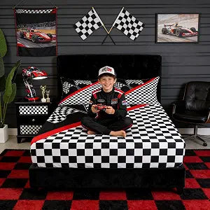Homewish Racing Car Bedding Set Twin Size,Race Car Flag Extreme Sports Fitted Sheet for Kids Boys Bedroom,Geometric Grid Black White Check Microfiber Soft Bed Cover,1 Pillow Case