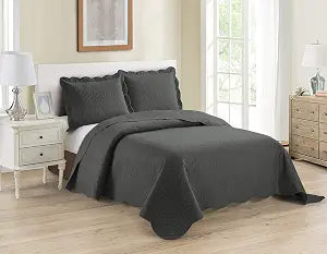 Home Collection 3pc King/Cal King Over Size Luxury Embossed Bedspread Set Light Weight Solid Charcoal New