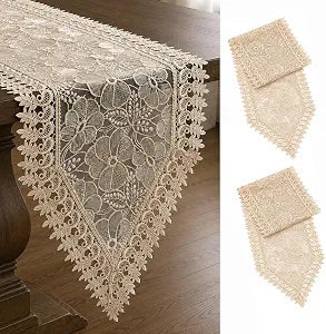 SIOLOC 2 Pack Champagne Lace Runner 14x48, Floral Embroidered