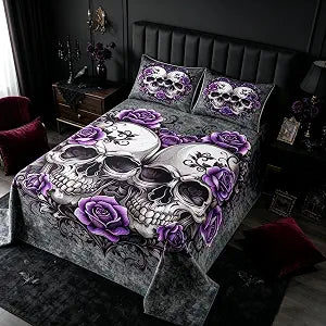 3 Piece Skeleton Lovers Quilt Bedding Set Women Aldult Lightweight Bedding Purple Rose Flowers Bedspread Set Gothic Skull Bedspread Coverlet Soft Microfiber Home Quilt Set for King Bed All Season