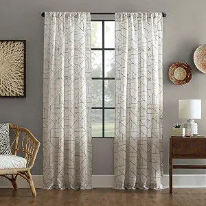 Archaeo Fragmented Geometric Embroidery Mid-Century Modern Natural Linen Blend Curtain, 50" x 63", Gray/Linen