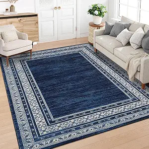 GlowSol Modern Washable 5x7 Area Rug Solid Border Rugs for Living Room Non-Shedding Stain Resistant Bordered Rug Washable Neutral Rugs Non-Slip Bedroom Throw Carpet for Kitchen Apartment Dorm,Blue