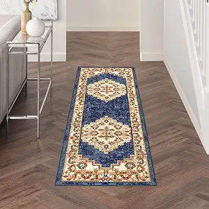 Nourison Home Grafix Navy Gold 2'3" x 7'6" Area Rug - Easy Clean, Non Shedding, Bed Room, Living Room, Dining Room, Kitchen (8' Runner)
