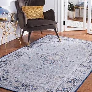 SAFAVIEH Washable Rug Tucson Collection - 4' Square, Light Blue & Navy, Slip Resistant & Easy to Clean, Ideal for Foyer, Kitchen, Nursery, Office, Bedroom (TSN147M)