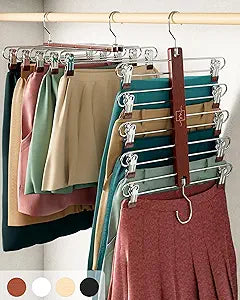 MORALVE Skirt Hangers Space Saving with Clips - 2 Pack - European Beechwood 5-Tier Hanger for Shorts, Skirts, and Pants - Closet Organizer and Storage Solution for Women with 360 Swivel Hook