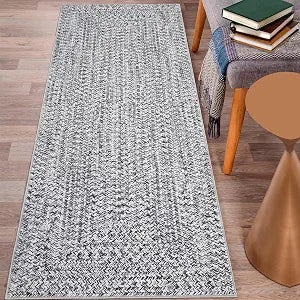 Washable Runner 2x6 for Hallways - Print Braided Non-Slip Bath Mat, Modern Soft Bedroom Rug, Farmhouse Throw, Kitchen, Entryway Stain Resistant Carpet - 2'x6' Light Grey