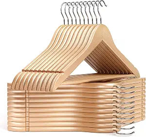 MIZGI 30-Pack Natural Wood Hangers, 0.47 Slim, 360 Swivel, Pant Bar