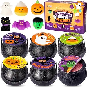 JOYIN Halloween Witch Cauldron Themed Bath Bomb with Mochi Squishy Toy, 6 Packs Bubble Kids Bath Bombs with Surprise Toy Inside, Trick or Treating, Halloween Party Favors Supplies, Goodie Bag Stuffers