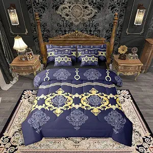 Erosebridal Baroque Victorian White Gold Blue Comforter Set Queen Size