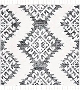 SAFAVIEH Moroccan Tassel Shag Collection Area Rug - 3' Square, Dark Grey & Ivory, Plush 2-inch Thick, Ideal for High Traffic Areas in Living Room, Bedroom, Dining Room (MTS652H-3SQ)