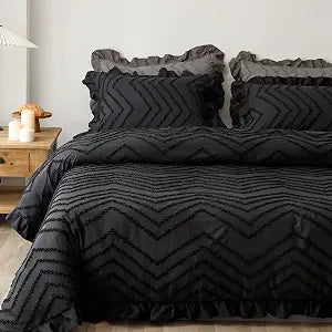 Boho Duvet Cover King Size, Breathable Soft Tufted Duvet Cover Zipper Closure, Ruffle Farmhouse Bedding Embroidery Wavy Stripe Black 104x90 inches and 2 Pillowcases