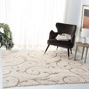 SAFAVIEH Florida Shag Collection Area Rug - 3'3" Square, Cream & Beige, Scroll Design, Non-Shedding & Easy to Clean, High-Low Plush Pile, Ideal for Living Room, Bedroom, Dining Space (SG455-1113)