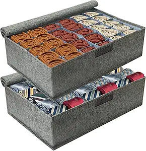 PINGMIC 2-Pack Sock & Tie Organizer with Lid, 30-Cell Foldable Storage Box