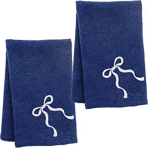 Karma Embroidered Cloth Dinner Napkins Set of 2, Blue Cotton Napkins with White Bow Embroidery, Reusable Washable Table Napkins for Everyday Dining, Weddings & Special Occasions, Blue Bow