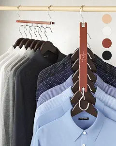 MORALVE Space Saving Hangers for Closet 4 Pack European Beechwood 6-Tier Shirt Organizer with 360 Swivel Hook Collapsible Clothes Hanger for Closet Organization (Hangers Not Included)