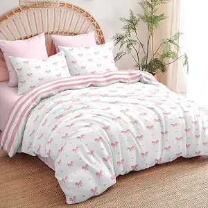 Sedefen Pink Bow Comforter Set Striped Heart Reversible Cute Bedding