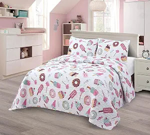 MK Collection Bedspread Set Kids Teens Sweet Dreams Donut and Ice Cream Printed Bedding Set, Donuts Pink White Mint Candy Cupcake Bedspread Set New (Full/Queen)
