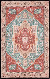 SAFAVIEH Washable Rug Tucson Collection - 2'6" x 4', Aqua & Rust, Slip Resistant & Easy to Clean, Ideal for Living Room, Bedroom, Dining Space (TSN150J)