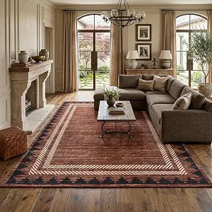 Modern Bordered Area Rugs 5x7 Non-Slip Washable Rug Ultra-Soft Geometric Throw Rugs for Bedroom Indoor Contemporary Low Pile Non-Shedding Carpet for Dining Nursery Dorm Playroom Bordered Brick