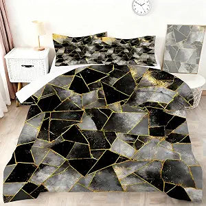 Geometri Marble Comforter Set Geometry Black Grey Gold Marbling Beddding Set Twin Size Gold Lines Polygon Print Quilt Set Black Gray Gold Stripes Bed Set with 1 Comforter + 1 Pillowcase