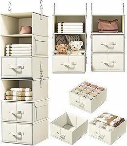 6-Shelf Hanging Closet Organizer with 3 Drawers, 2-in-1 Design, Beige