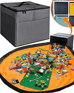 XL Toy Storage Organizer with Play Mat - Storage Bag/Box for Kids, Boys, Girls, Nursery, Playroom - Basket for Building Bricks/Blocks - Collapsible Fabric Cube Bin, 13"x13"x15"