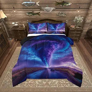 Erosebridal Nature Comforter Set Twin,Ombre Lightning Tornado Duvet Insert All Season,Dreamy Purple Blue Bedding,Horror Gothic Wind and Cloud Soft Microfiber Down Comforter Home Room Decor