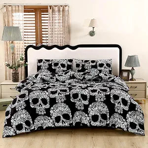 SDIII Sugar Skull Comforter Set Twin 3 Pieces, Soft Microfiber Lightweight Goth Skull Comforter Twin, Gothic Skeleton Bedding Set for Kids Teens