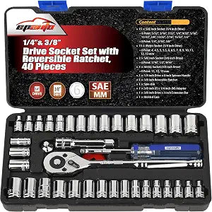 EPAuto 40 Pieces 1/4-Inch & 3/8-Inch Drive Socket Set, 72 Tooth Ratchet