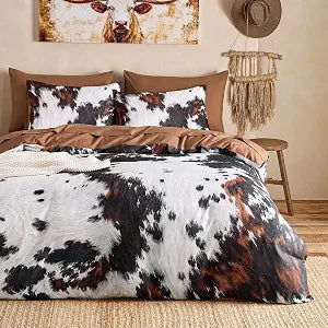 Wake In Cloud - Cowhide Comforter Set, Western Rustic Farmhouse Fuzzy Cow Fur Print Pattern, Soft Lightweight Bedding, 3 Pieces, Black Brown, Queen Size