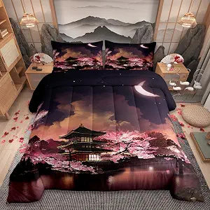 Japanese Style Comforter Set Twin Size Moon Cherry Blossom Bedding Set 2pcs Romantic Night Sky Scenery Quilt Set for Kids Teens Girls Women Room Decor Exotic Pink Duvet Insert,1 Pillowcase