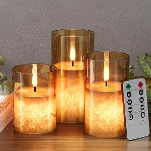 Battery Operated Flameless Candles with Remote & Timer, Gold Glass 3Pack