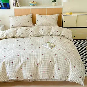 BlueBlue Strawberry Duvet Cover Set Twin 100% Cotton Bedding Red Strawberry Grid Plaid on Cream White 1 Cartoon Fruit Comforter Cover 2 Pillowcases (Twin)