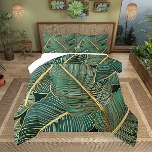 jejeloiu Green Gold Palm Leaves Comforter Set Twin Size Bedding Set