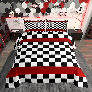 Castle Fairy Black White Red Twin Size Comforter Set,Racing Car Quilt Set Soft Bed Collection,Checkered Squares Bedding Comforter for Boys Girls Room Decor,2 Pcs