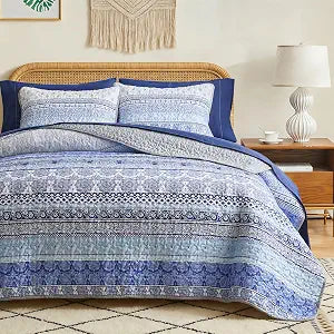 Flysheep 3 Pieces Colorful Boho Quilt Set Full Queen Size, Blue n Grey Bohemian Striped Printed Bedding Bedspread Coverlet Set for Summer, Soft Lightweight Microfiber Quilt with 2 Shams (88x88 inces)
