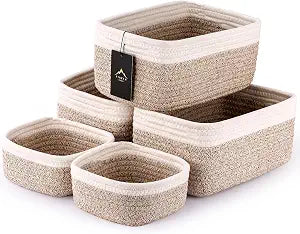 5-Pack Small Woven Rope Storage Baskets, 2 Sizes Organizer Bins