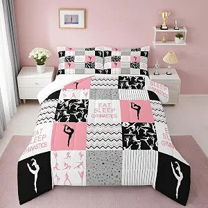 Gymnastics Girls Comforter Set Twin Size Pink Black Geometric Plaid Bedding Set 2pcs for Kids Women Gymnast Youth Bedroom Sports Dancing Quilt Set Modern Stripes Duvet Insert,1 Pillowcase