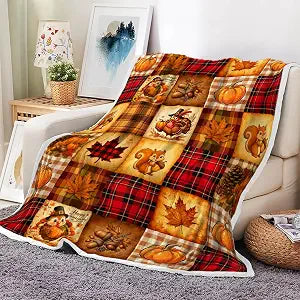 Flannel Fall Throw Blanket 50x60 in, Thanksgiving Patchwork Print