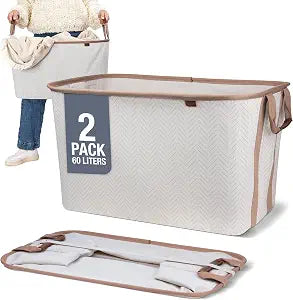 Collapsible Fabric Laundry Basket Premium, Cream Herringbone, 2 Pack