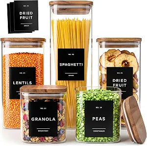 Glass Pantry Storage Jars Containers with Acacia Lids and Labels - Set of 5
