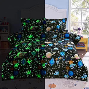 Joiedomi Kids Twin Comforter Set for Boys, 5 Pieces Twin Bedding Set for Kids, Glow in The Dark Planet Bed in a Bag with Comforter Sheets Pillowcase Pillow Sham