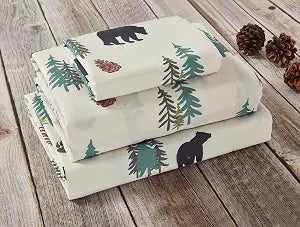De Leon Collections Sunland Bear Pine Tree Evergreen Forest Sheet and Pillowcase Set - Size: Queen 4-Piece Sheet and Pillowcase Set, White/Green/Brown/Turquoise/Black