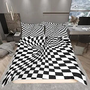 Castle Fairy Black White Grid Duvet Cover for Boys,Girls Visual Space Comforter Cover Full Size,Modern Simple Bedding Set Kids Teen Room Decor Bed Cover,Optical Illusion Bedclothes with Zipper