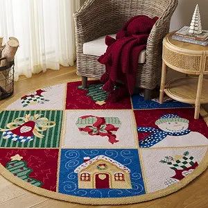 SAFAVIEH Chelsea Collection Area Rug - 3' Round, White & Multi, Hand-Hooked Christmas Novelty Wool, Ideal for High Traffic Areas in Living Room, Bedroom (HK274A)