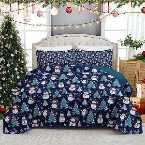 Anibedding Christmas Quilt Set King Size, Xmas Snowman Bedspread Set, Blue