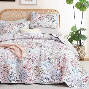 WONGS BEDDING Queen Quilt Set, 3 Pcs Red Blue Floral Bedspread Coverlet