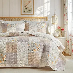 Joyreap Floral Cotton Quilt Set, Gray n Brown Botanical Patchwork Design for Autumn, 3 Pieces Queen Size Quilt Bedding Set, Soft n Cozy Bedspread Bed Cover for All Season- 90x90 inches