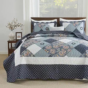 ENJOHOS Quilts Queen Size, Navy Blue Patchwork Floral Bedspreads, Lightweight Reversible Bed Coverlet for All Season, Farmhouse Style Quilt Set with 2 Pillow Shams